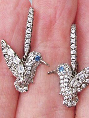 Vintage Signed FZN Fusion Crystal Creations Sterling HUMMINGBIRD Dangle Earrings